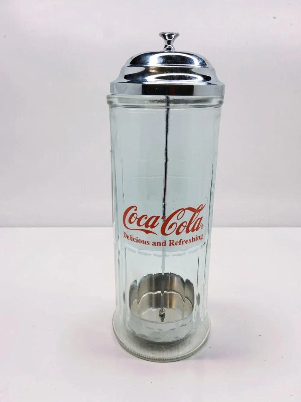 Vintage 1992 Coca-Cola Glass,Metal Lid Straw Dispenser Jar